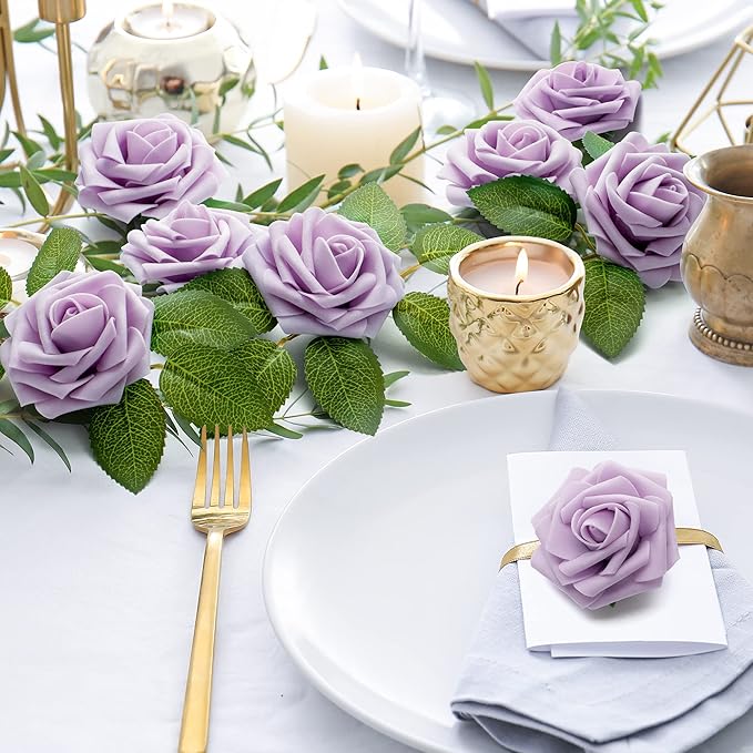 Mocoosy 50Pcs Rose Artificial Flowers, Lilac Fake Roses for Decorations, Light Purple Foam Rose Bulk with Stem DIY Wedding Bouquets Floral Arrangements Bridal Shower Centerpiece Party Home Table Decor
