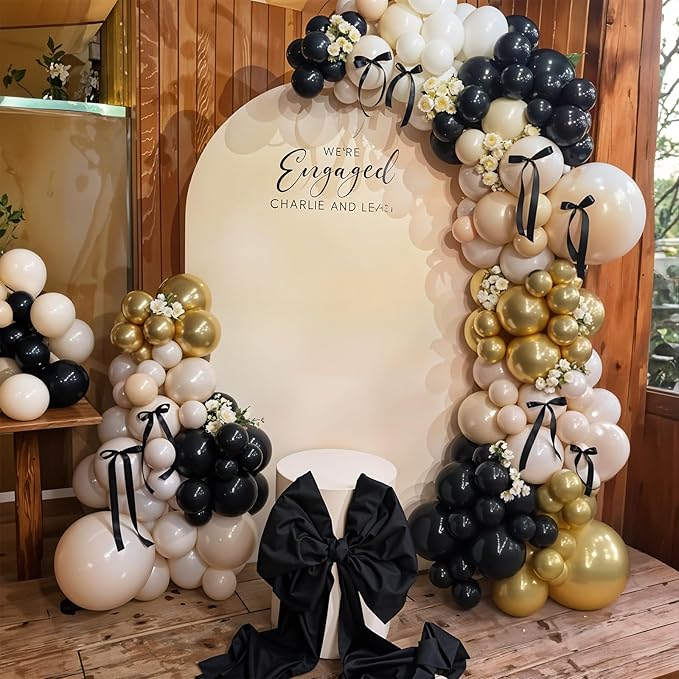 Black and Gold Balloon Arch Kit, Black White Sand Beige Cream Champagne Gold Metallic Latex Balloons Garland for New Years Eve Boho Bridal Baby Shower Anniversary Wedding Birthday Party Decor