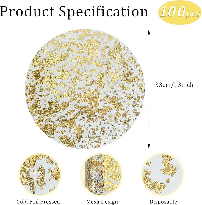 Hysenm 100 Pcs Disposable Gold Placemats Set Metallic 13 Inch Round Foil Mesh Pressed Table Doilies, Ultra-Thin Disposable Placement Mats for Home Decoration Dining Table Wedding Birthday Party