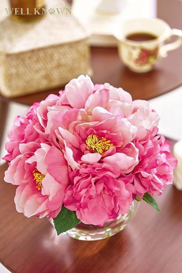 Artificial Flowers in Vase, Silk Peonies Bouquet for Vase with Faux Water, Fake Peony Flower Arrangement for Home Wedding Birthday Party Dining Table Centerpiece New Year Decor Mom's Gift (Pink)