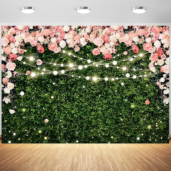 10x8ft Flower Wall Backdrop Pink Rose Floral Blossom Green Leaves Photography Background Women Girls Birthday Party Wedding Banner Decorations Portraits Supplies Photo Booth Props