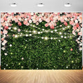 10x6.5ft Flower Wall Backdrop Pink Rose Floral Blossom Green Leaves Photography Background Women Girls Birthday Party Wedding Banner Decorations Portraits Supplies Photo Booth Props