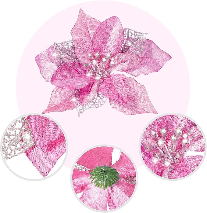Boao 24 Pieces Christmas Artificial Glitter Poinsettia Flowers Xmas Flowers Wedding Christmas Tree New Year Ornaments (Pink)