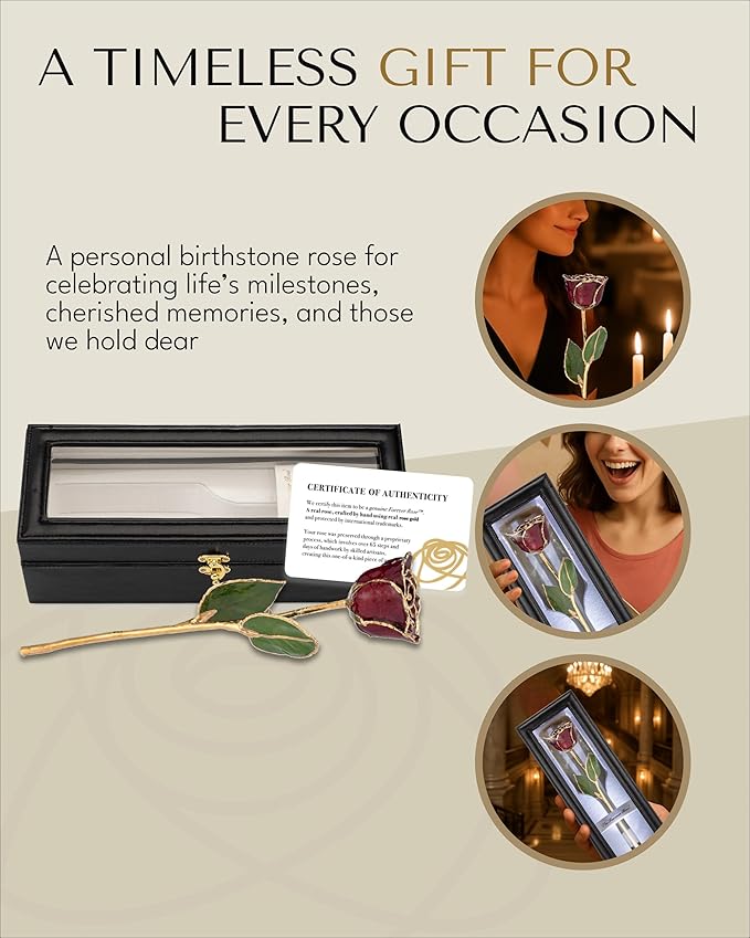 Forever Rose Hand-Dipped in 24K Gold, Garnet-Inspired January Birthstone with Sparkles, Real Rose in Leather Case with LED Light – Perfect Ready to Gift for January Birthday or Any Occasion