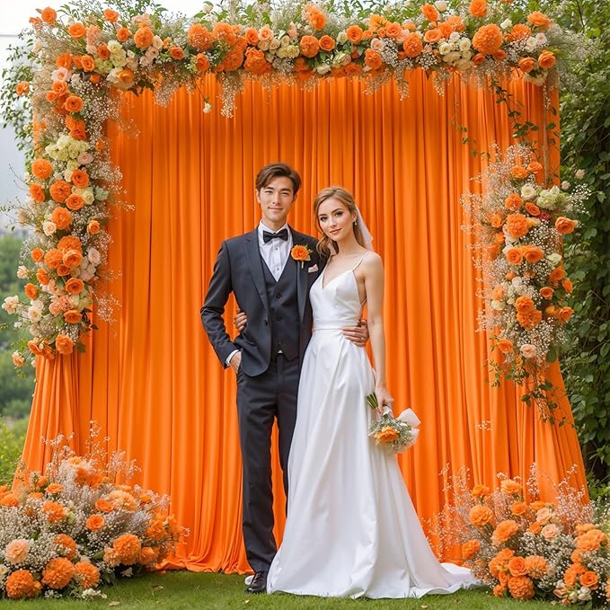 Orange Backdrop Curtains - 8 Panel Wrinkle-Free Polyester Photography Drapes for Baby Shower & Birthday Party - 32 x 10FT