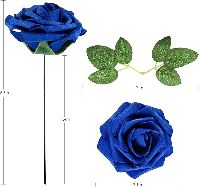 Royal Blue Rose 50pcs Foam Rose Real Looking Fake Rose with Stems Leaves for Home Decoration Party Garden Centerpieces DIY Wedding Bouquets（Royal Blue）