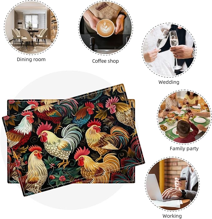 Rooster Placemats Set of 4 Rustic Country Farm Chicken Table Mats Washable Place Mats for Home Party Indoor Kitchen Dining Table Decoration 12x18 Inch