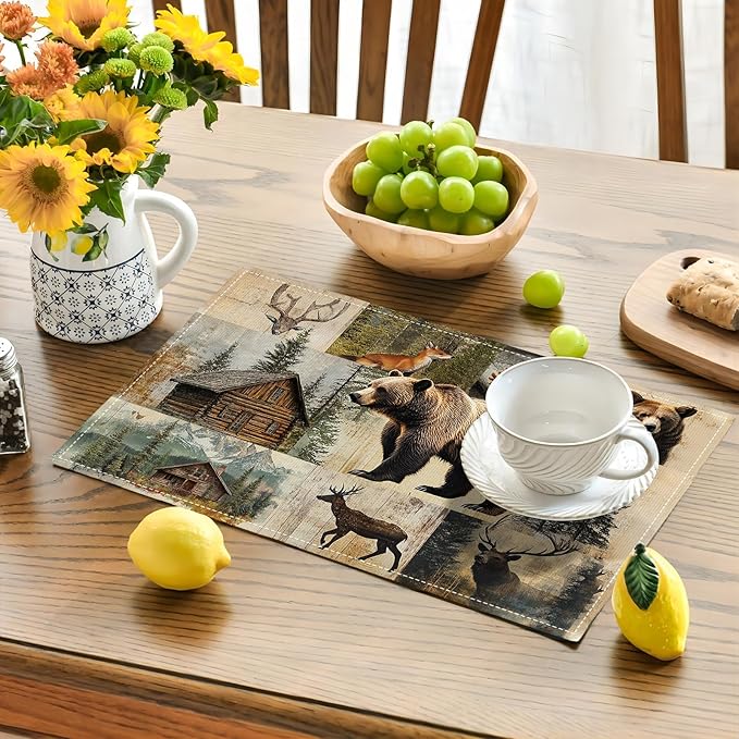 Rustic Bear Deer Fox Cabin Placemats Set of 6, Farmhouse Lodge Place Mats, Country Brown Bear Dining Table Mats, Washable Placemats for Kitchen Dining Room 18L'' × 12W''