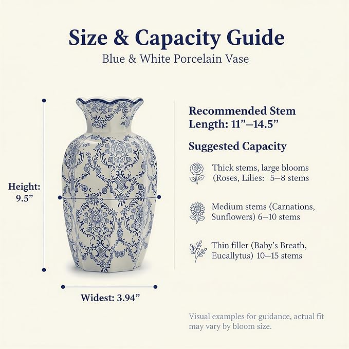 9.5-Inch Blue & White Rustic Vintage Ceramic Vase, Aesthetic Farmhouse Pottery Decor for Living Room, Dining Room & Office