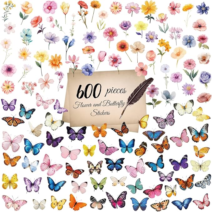 600Pcs Natural Flower +Butterfly Stickers,Self-Adhesive PVC Vintage Butterfly Stickers for Scrapbook,Laptop,Journal,DIY Project