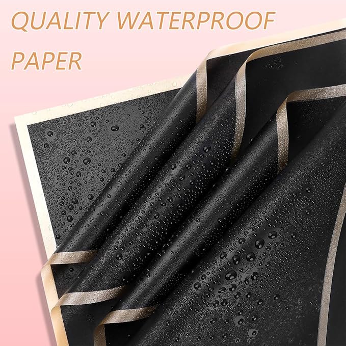 BAO-HUA-A2 Floral Bouquet Wrapping Kit, 60 Sheets Waterproof Paper, Black Pink Beige With Ribbons, Flower Pins, 3D Butterflies & Crowns for Florist Wrap