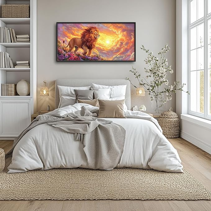 Lion Large Wall Art Animal Flower Pictures Wall Decor Sunset Floral Canvas Landscape Print Painting Modern Home Artwork Decoration for Bathroom Office Living Room Bedroom Framed 60"x30"