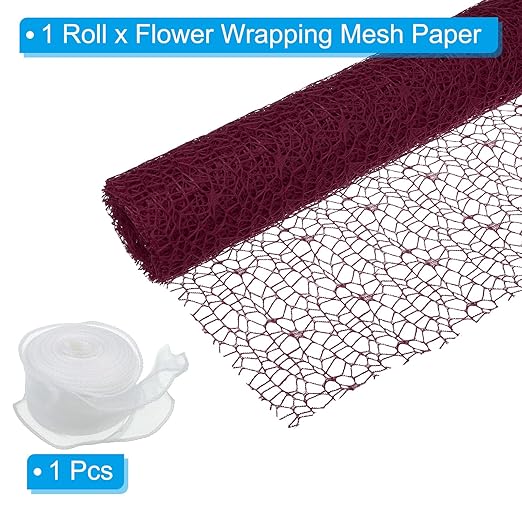 PATIKIL Flower Wrapping Mesh Paper, 15ft Floral Bouquet Craft Packaging Hollow Net Yarn with Ribbon for Flowers Gift Packaging, Burgundy Red