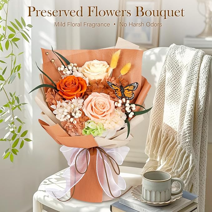 Preserved Flowers Bouquet with Butterfly - 3 Roses & Flowers for Delivery, Long-Lasting Real Roses Forever, Eternal Roses Bouquet for Mothers, Mom, Wife Anniversary Birthday Gifts for Women