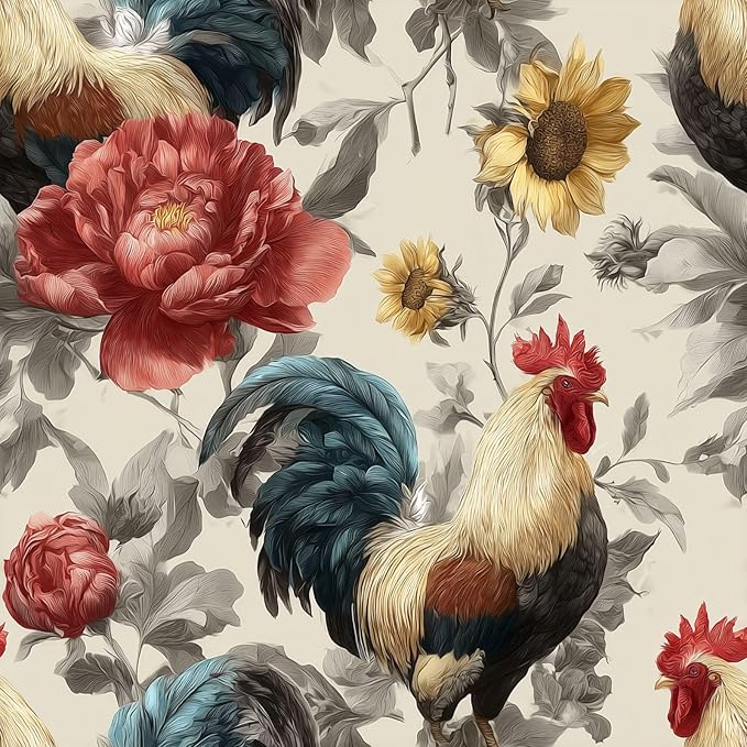 Floral Peel and Stick Vintage Animal Contact Paper Sunflower Rooster Removable Botanical Leaf Wallpaper 17.7" x 236.22" Wall Paper Watercolor Self Adhesive for Farm Bedroom laundry room bathroom