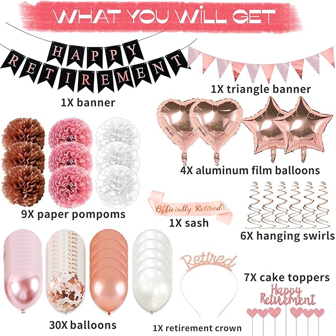 Rose Gold Retirement Party Decorations, 63 Pcs Retired Party Decorations for Women Happy Retirement Banner Hanging Swirls Foil Balloon Cake Toppers Retired Sash Retired Parties Supplies