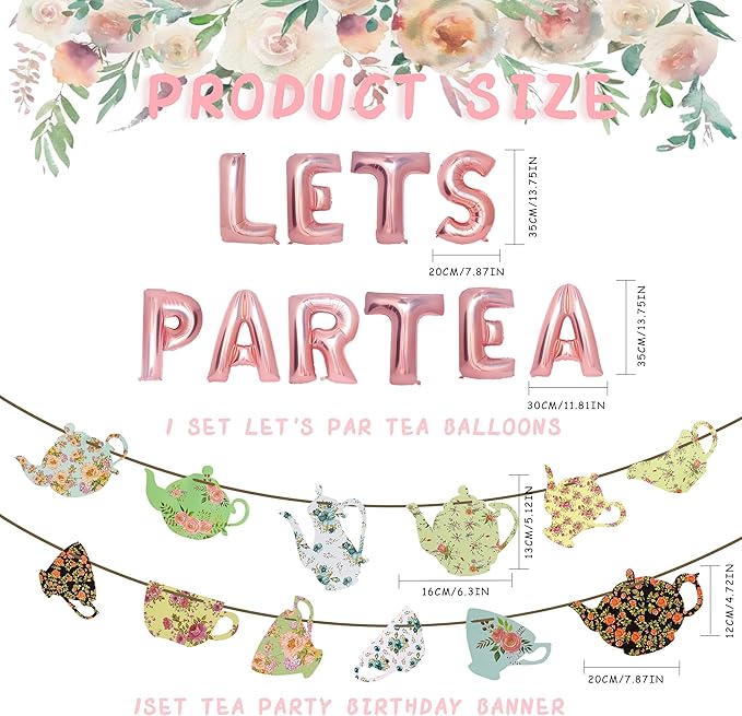 Let's Par Tea Decorations Tea Party Balloons Banner LET'S Par-Tea Foil Balloon Floral Teapots Teacups Balloons Banner Teacup banner for Birthday Baby Shower Wedding Party Supplies