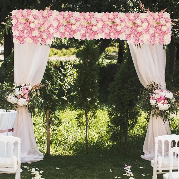 3D Flower Wall Backdrop - 12Pcs Artificial Flower Wall Panel 15 * 15inch Decoration Pink and White Roses Wall for Home Party Wedding Anniversary Birthday