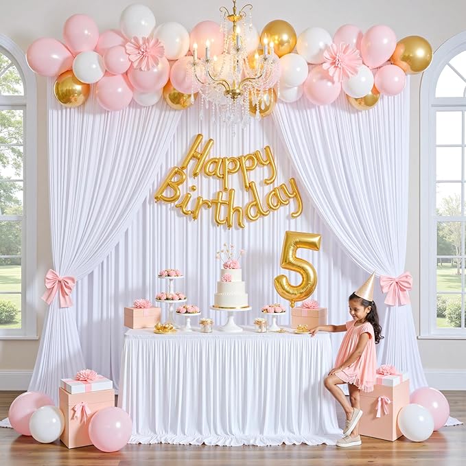 gogoparti 30x12 ft White Wrinkle-Free Backdrop Curtain for Weddings & Parties - 6 Panels (5x12 ft Each) for Birthday, Baby Shower, Halloween Photography Background