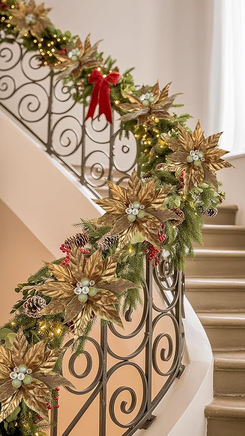DILATATA 3 Pcs Artificial Christmas Flowers 13 Inch Glitter Poinsettia Picks Christmas Tree Ornaments Topper Decorations Bronze Poinsettias Flowers for Xmas New Year Wreath Garland Wedding Home Decor