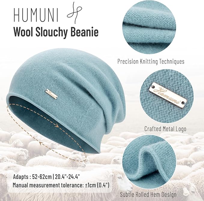 100% Wool Slouchy Beanie, Warm Beanie Hats for Women Breathable Knitting Skull Beanies Cap for Spring Fall Winter