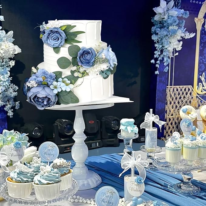 Pre-Made Dusty Blue Silk Flowers for Cakes Decorations Navy Royal Blue Artificial Rose Peony Wedding Cake Toppers Decorating Fake Floral Anniversary Birthday Party Arrangements Table