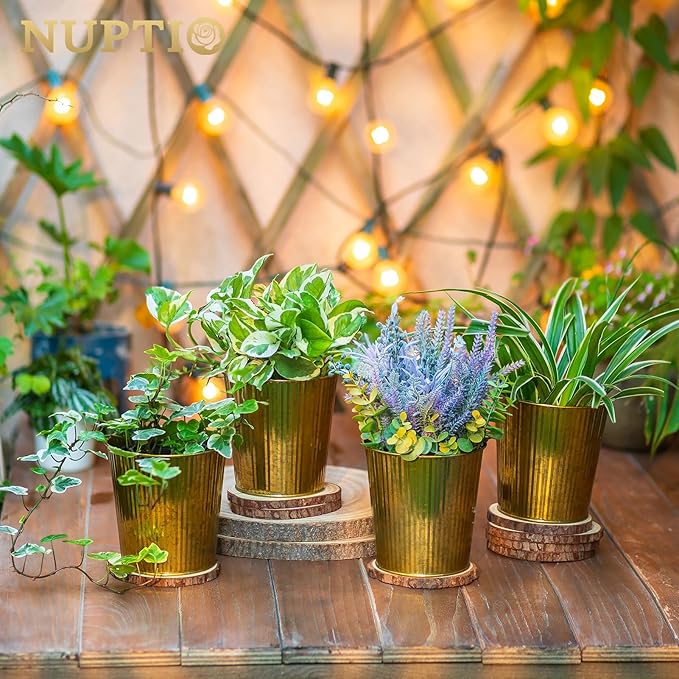 NUPTIO Gold Galvanized Vases for Centerpiece: 12 Pcs 5" Small Ribbed Vases for Flowers Bulk Metal Bucket Planter Pots for Wedding Table Home Decor