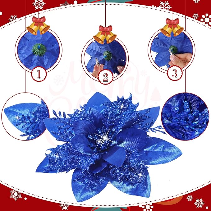 Geosar 36 Pcs Christmas Glitter Artificial Poinsettia Flowers Xmas Poinsettia Artificial Wedding Flowers Decorations Xmas Tree Ornaments with Clips for Party, 6 Inch, 4 Inch, 3 Inch(Royal Blue)
