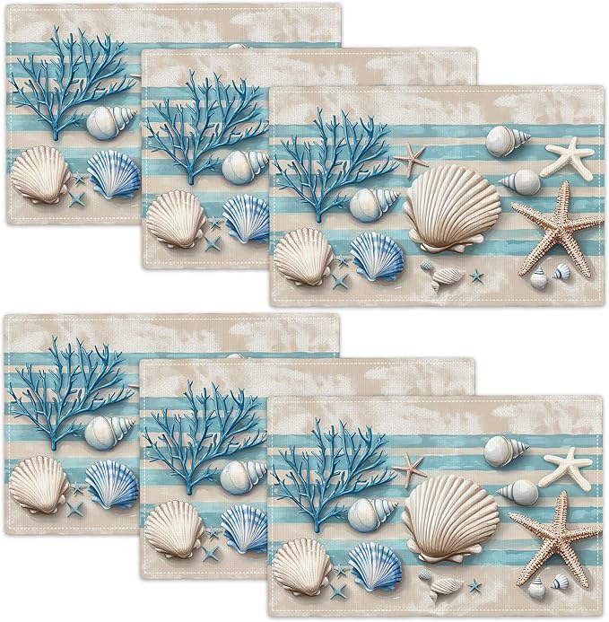 Summer Sea Shell Placemats Set of 6, Coastal Starfish Place Mats, Rustic Summer Ocean Dining Table Mats, Washable Placemats for Kitchen Dining Room 18L'' × 12W''