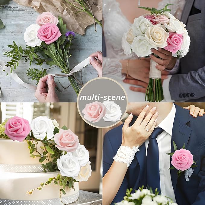 50PCS Artificial Flowers Pink Roses Real Looking Foam Fake Roses with Leaves and for DIY Wedding Bouquets Bridal Shower Centerpieces Party Decorations (Pink Series, 50)