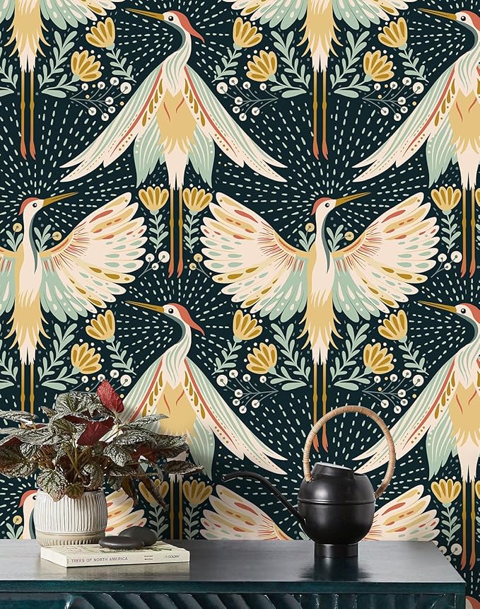 HAOKHOME Crane Wallpaper Peel and Stick Boho Floral Bird Dots Wall Paper Japanese Chinoiserie Dark Green/Beige/Yellow Accent Wall Decor 17.3in x 9.8ft