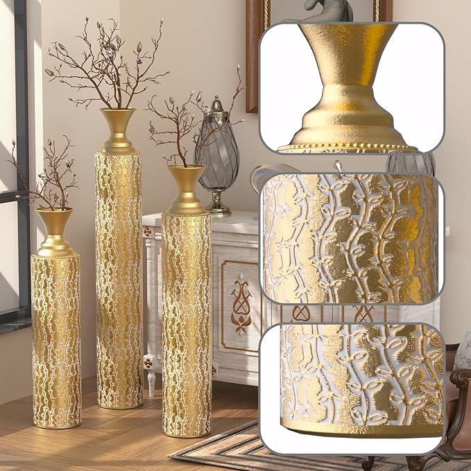 Modern Vintage Floor Vase Set: Oversized Tall Vases in Gold for Living Room Decor
