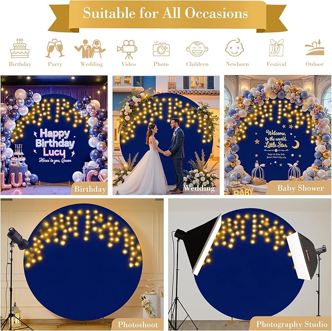 7.2 FT Navy Blue Round Backdrop Cover with Lights String for Circle Arch Stand Circle Backdrop Covers with LED Fairy Lights for Wedding Arch Baby Shower Birthday Party Photo Photography Background