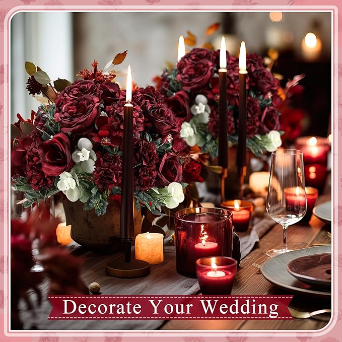 6 Pcs Artificial Peony Silk Florals Fake Mix Silk Peony Rose Faux Flower Hydrangea Bouquet Elegant Realistic Wedding Floral Centerpiece for Home Party Table Arrangement (Red)