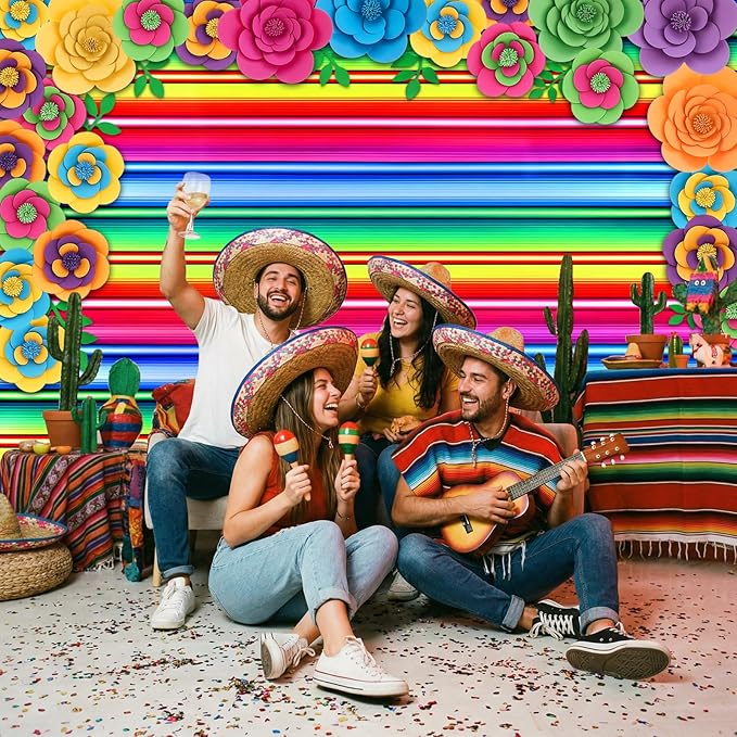 Frienda 36 Pcs DIY Paper Flower Decor Set with 83x59 Inch Custom Background Cloth and Rope, Artificial 3D Flower Wall Decor for Wall Bulletin Board Wedding Halloween Mexican Festive Party (Stripe)