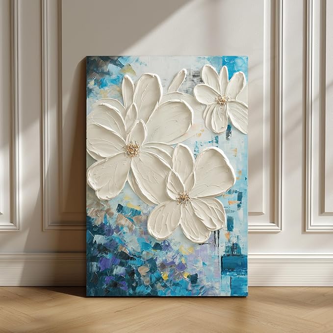 JUHOME Hand-Painted Textured Flower Oil Painting Canvas Wall Art,24x36 In Abstract White Floral Artwork, Vertical Modern Original Wall Decor for Living Room Bedroom Office
