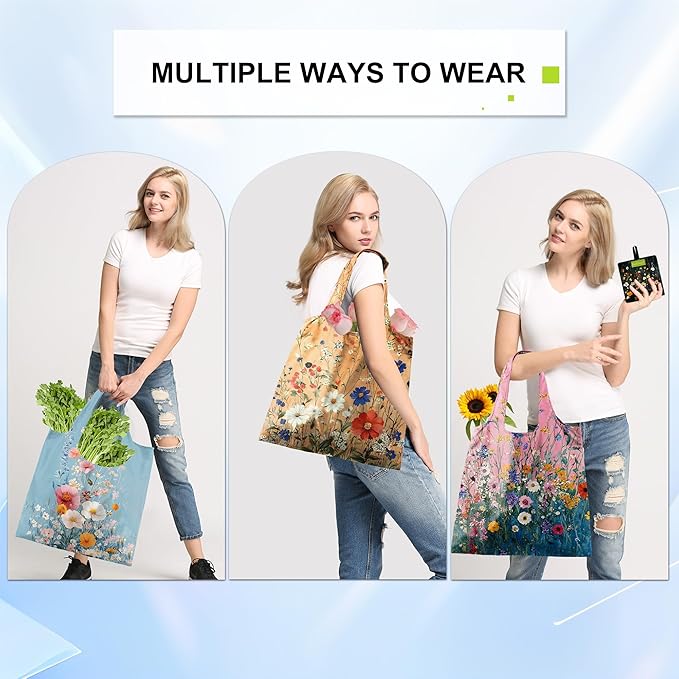 BeeGreen Flower Reusable Shopping Bags Cute Grocery Bag 6 Pack, Christmas Gift Bags Heavy-Duty Foldable Shopping Totes for Supermarket, Work & Travel, Large Washable Polyester Tote Bag with Handles