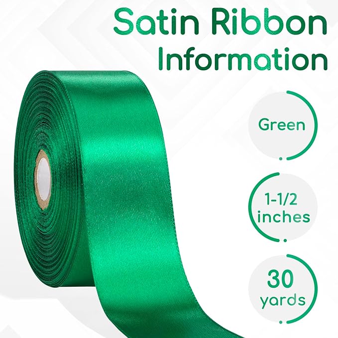 30 Yards Green Ribbon 1-1/2 Inch, Green Satin Ribbon for Gift Wrapping, Christmas, Flower Bouquet, Crafts, Halloween, Wedding and Bow Making