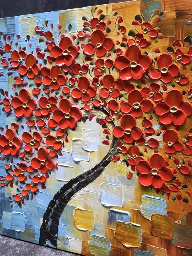 YaSheng Art - contemporary artwork handmade Oil Painting On Canvas Red Flowers Paintings Modern Home art wall decor Abstract Art picture Canvas Art Ready to hang 30x30inch