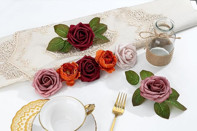 SITUMEIZI Roses Artificial Flowers Combo Burgundy Flowers Mix Silk Foam Flowers Peony with Stems for DIY Bridal Wedding Bouquet Baby Shower Party Home Decor Floral Arrangements 27pcs