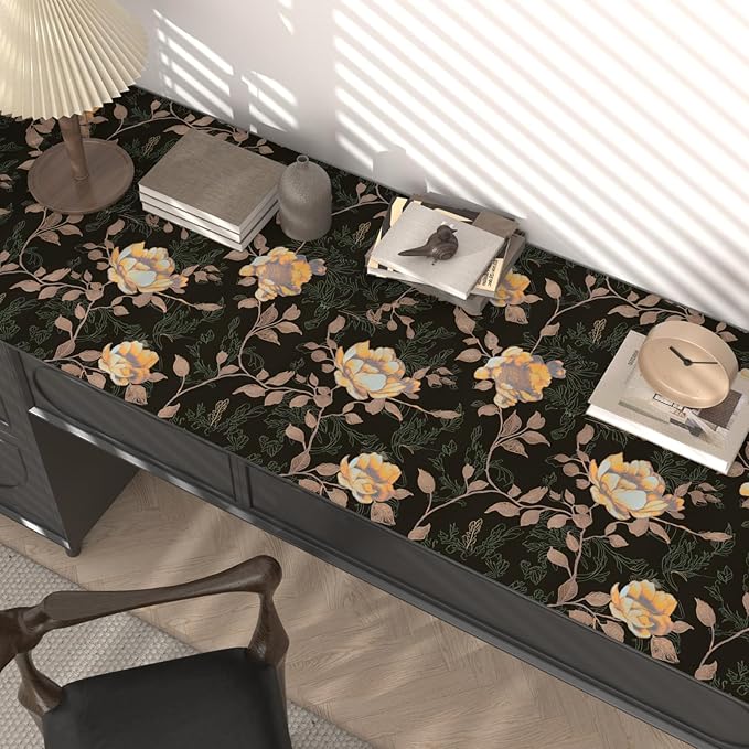 Black Orange Floral Peel and Stick Wallpaper Flowers Contact Paper 17.5"x118" Self Adhesive Waterproof Vintage Dark Floral Wall Paper for Shelf Liner Cabinet Decor
