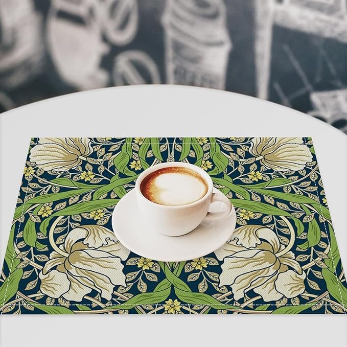 William Morris Flower Placemats Set of 4, Retro Boho Botanical Plant Place Mats, Heat Resistant Non Slip Cotton Linen Dining Table Mats for Home Kitchen Party 18x12 Inch