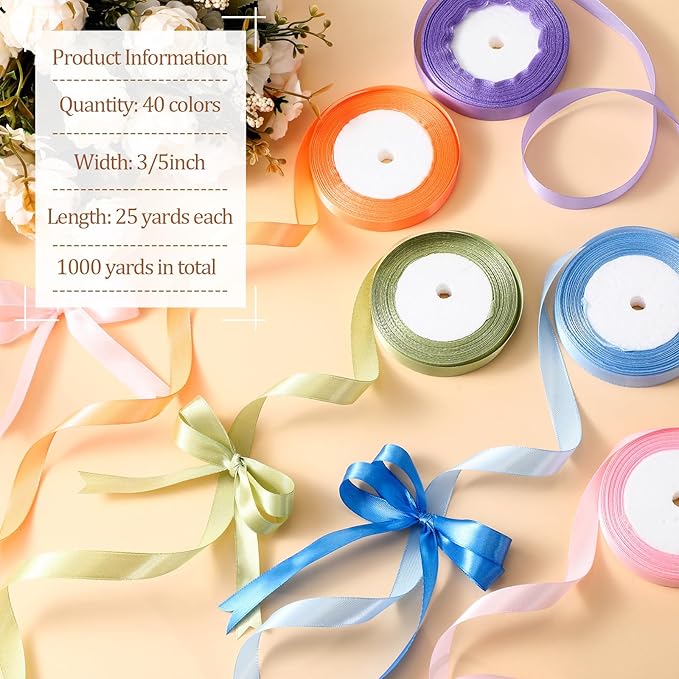 40 Rolls Satin Ribbons Colorful Fabric Ribbons Assorted Solid Rainbow for Gift Wrapping Bows Crafts DIY Bouquet Christmas Wedding Shower Decor(3/5" Wide,1000 Yd Long,Multicolor)