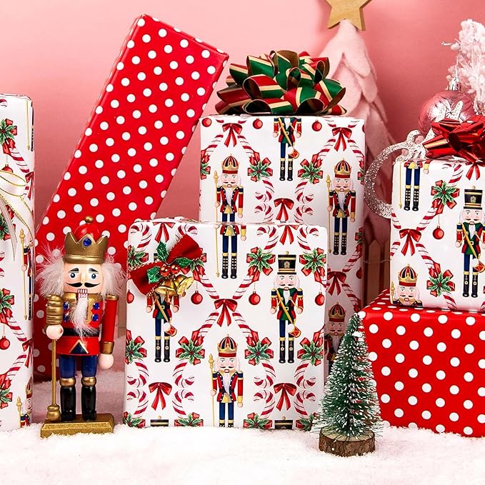 MAYPLUSS Christmas Nutcracker Wrapping Paper - 17 Inch X 33 Feet - Metallic Gift Wrapping Paper featuring Christmas Tree Holly Cute Bow Candy Cane Reversible Polka Dot for Holiday Party New Year Kids