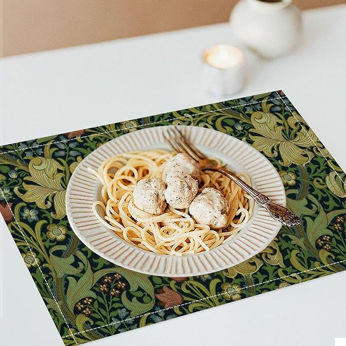 Vintage Floral Placemats Set of 6, William Morris Retro Boho Botanical Plant Place Mats, Heat Resistant Non Slip Cotton Linen Dining Table Mats for Home Kitchen Party 18x12 Inch