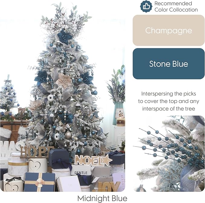 Sea Team 24-Pack Artificial Glitter Berry Stem Ornaments, Decorative Bead Sticks, Glittery Twigs, Picks, Branches for Christmas Tree, Small Vase, Holiday, Wedding, Party (17 Inches, Stone Blue)