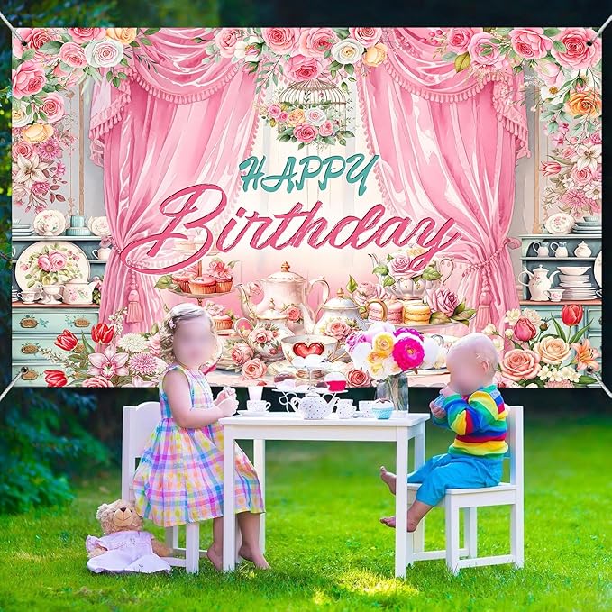 Tea Party Backdrop Let's Partea Happy Birthday Photography Background Wonderland Pink Rose Floral Teapot Women Tea Party Decor Banner Portrait Photo Booth Studio Props 10x7ft FU085YL