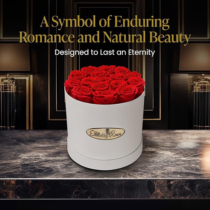 The Eternity Rose 16-Piece Preserved Roses in a Luxury Gift Box – Real Roses in White Round Box – A Valentine’s Gift as Everlasting as Your Love