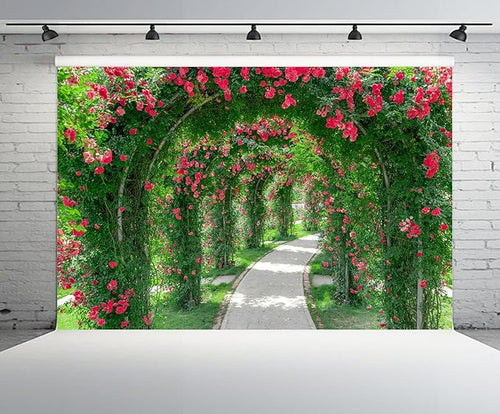 17ftx10ft Spring Flower Garden Backdrop Blossoms Flower Arch Garden Architecture Pillars Blooming Flowers Garden Path Photo Background Outdoor Wedding Portraits Photo Studio Props Wallpaper