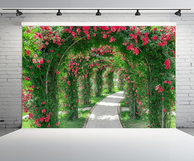 6ftx4ft Spring Flower Garden Backdrop Blossoms Flower Arch Garden Architecture Pillars Blooming Flowers Garden Pathway Photo Background Outdoor Wedding Portraits Photo Studio Props Wallpaper